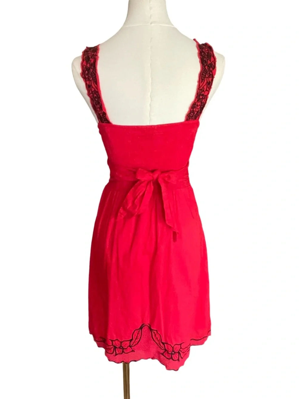 Free People Red and Black Lace Trim Boho Cotton Mini Dress Size 0 - Picture 12 of 16